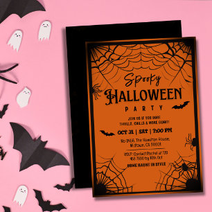 Spooky vintage spider webs bats orange Halloween Invitation