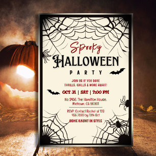 Spooky vintage spider webs bats white Halloween Invitation
