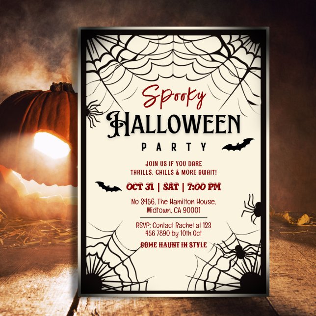 Spooky vintage spider webs bats white Halloween Invitation (Creator Uploaded)