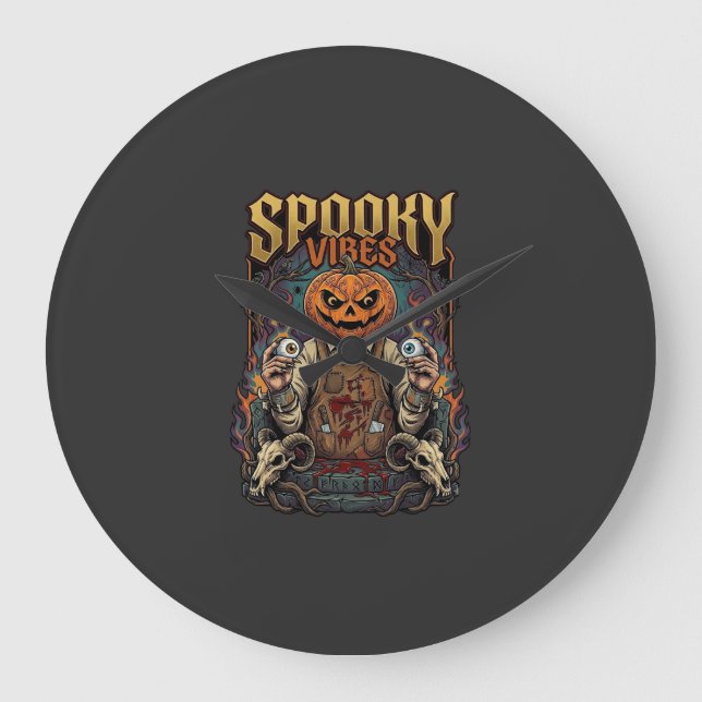 Spooky Vires Halloween Pumpkin Head Holding Eyebal Large Clock (Front)