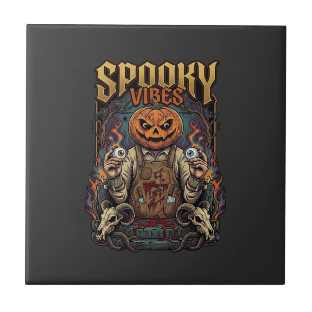 Spooky Vires Halloween Pumpkin Head Holding Eyebal Tile (Front)