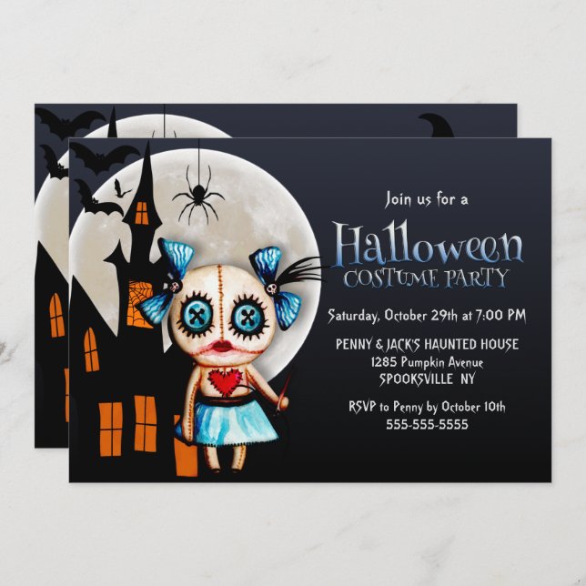 Spooky Voodoo Doll Halloween Costume Party Invitation (Front/Back)
