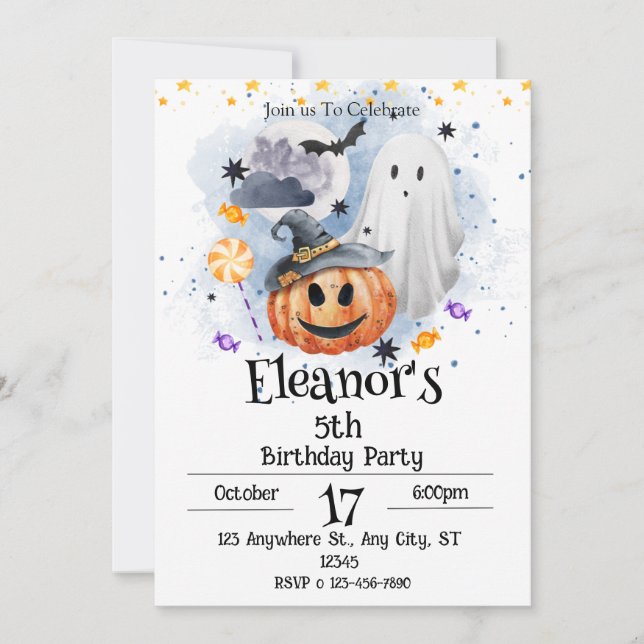 Spooky Watercolor Cute Halloween Invitation (Front)