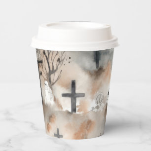 Spooky Watercolor Graveyard Halloween Paper Cups