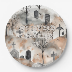 Spooky Watercolor Graveyard Halloween Paper Plate
