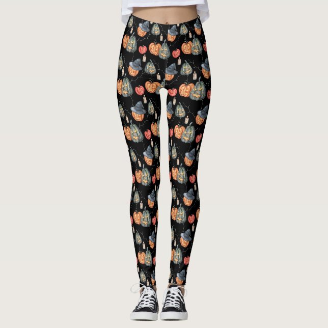Spooky Watercolor Pumpkins Leggings (Front)