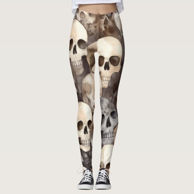 Spooky Watercolor Skulls Halloween Leggings (Front)