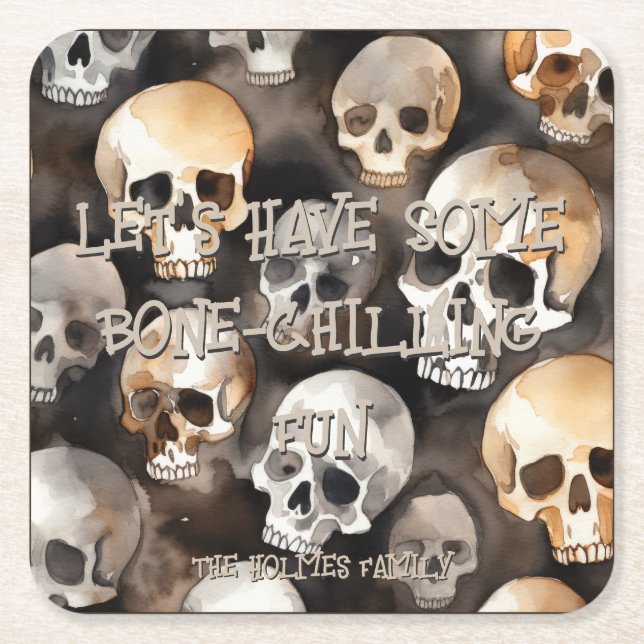 Spooky Watercolor Skulls Halloween Monogram Square Paper Coaster (Front)