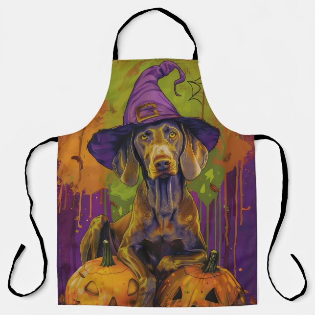 Spooky Weimaraner Dog Halloween Witch And Pumpkin  Apron (Front)