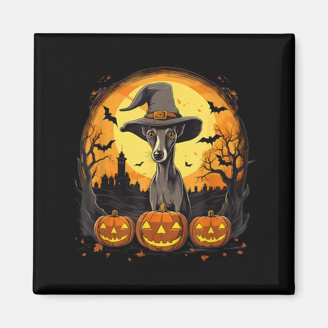 Spooky Whippet Dog Witch Halloween Magnet (Front)
