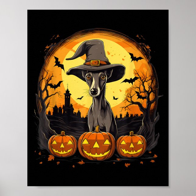 Spooky Whippet Dog Witch Halloween Poster (Front)