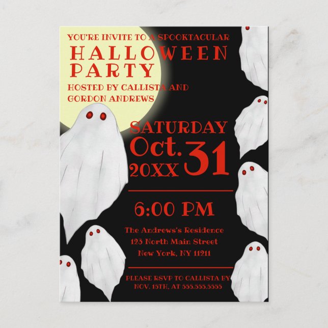 Spooky White Ghosts Watercolor Halloween Party Invitation Postcard (Front)