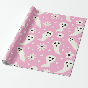 Spooky White Ghosts with Retro Flowers on Pink  Wrapping Paper