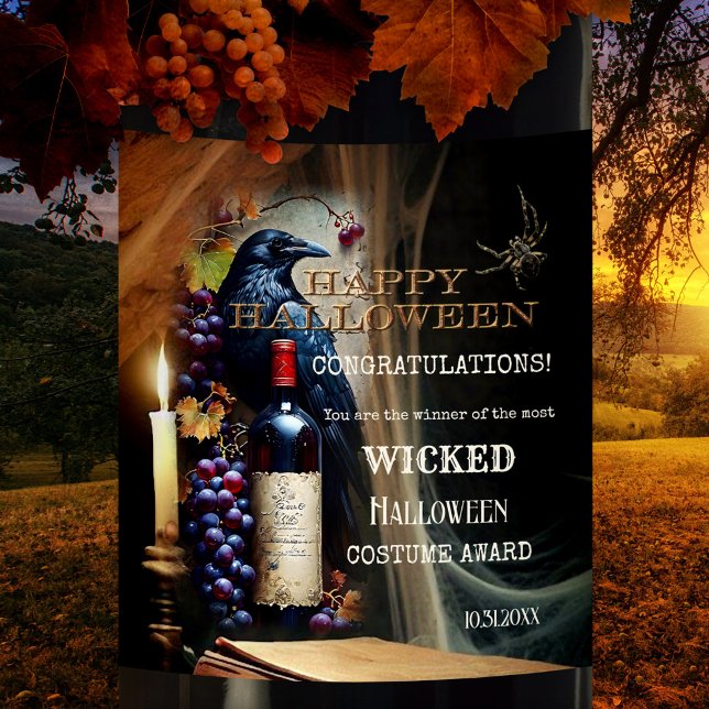 Spooky Wicked Halloween Costume Award Wine Label (Halloween wine label featuring a spooky scene with raven and spider lit by a candle -costume award)