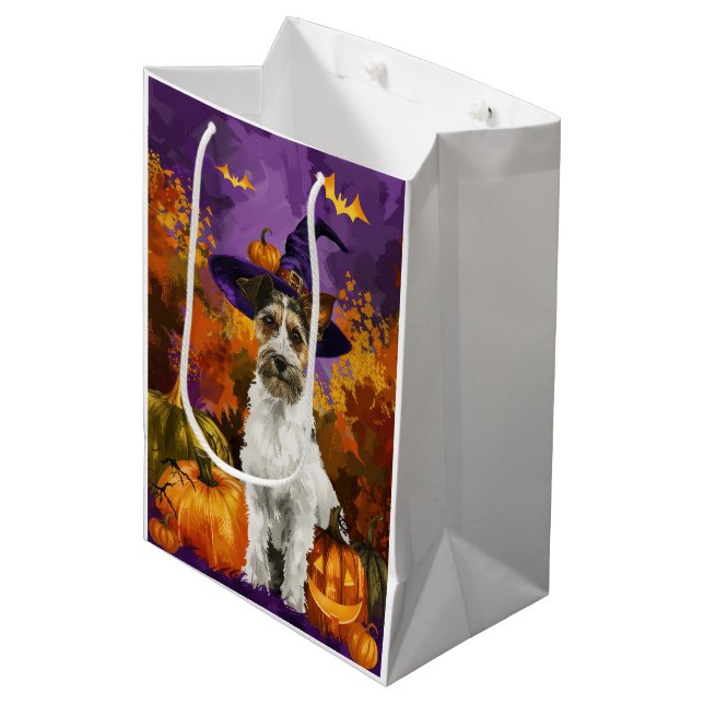Spooky Wirefox Terrier Dog Halloween Witch Pumpkin Medium Gift Bag (Front Angled)