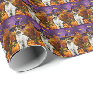Spooky Wirefox Terrier Dog Halloween Witch Pumpkin Wrapping Paper