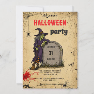 Spooky witch and tombstone scene Halloween Party Invitation