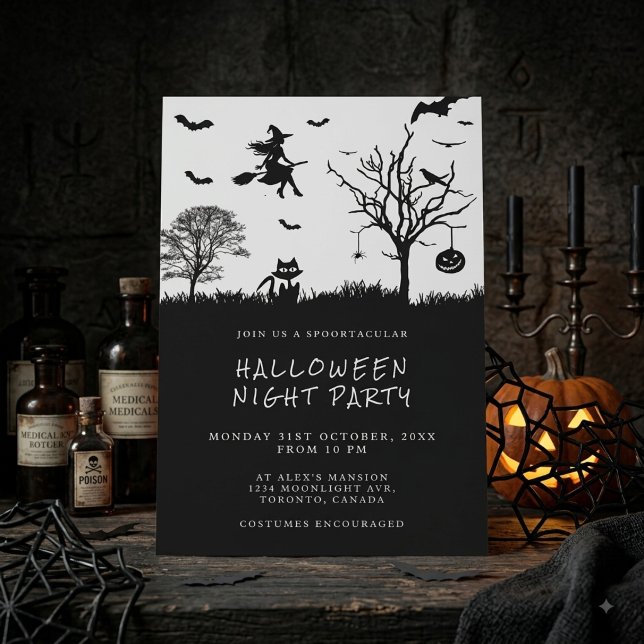 Spooky Witch Black and White Halloween Party Invitation (Creator Uploaded)