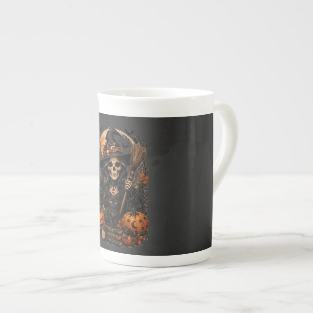 Spooky Witch, Black Cat & Pumpkins Halloween Magic Bone China Mug (Front Right)