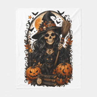 Spooky Witch, Black Cat & Pumpkins Halloween Magic Fleece Blanket