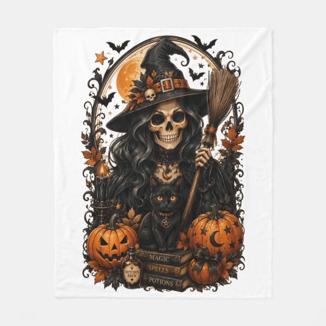 Spooky Witch, Black Cat & Pumpkins Halloween Magic Fleece Blanket (Front)