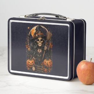 Spooky Witch, Black Cat & Pumpkins Halloween Magic Metal Lunch Box