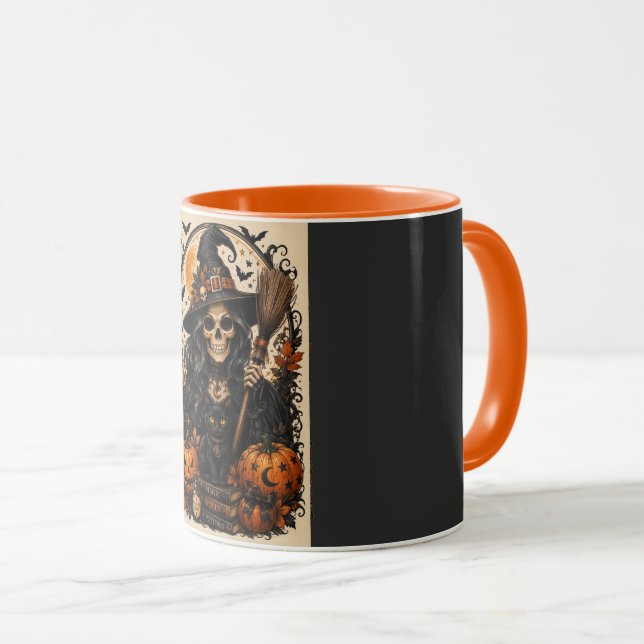 Spooky Witch, Black Cat & Pumpkins Halloween Magic Mug (Front Right)