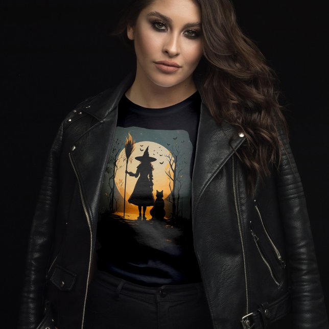 Spooky Witch Cat Broom Glowing Moon Halloween T-Shirt (Creator Uploaded)