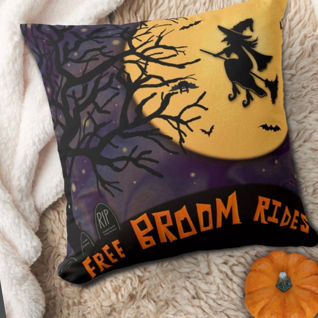 Spooky Witch Halloween Night Free Broom Rides  Cushion (Creator Uploaded)