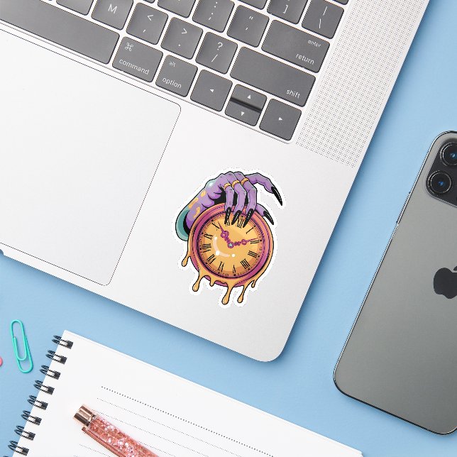 Spooky Witch Hand Melting Clock Sticker (Laptop w/ iPhone)