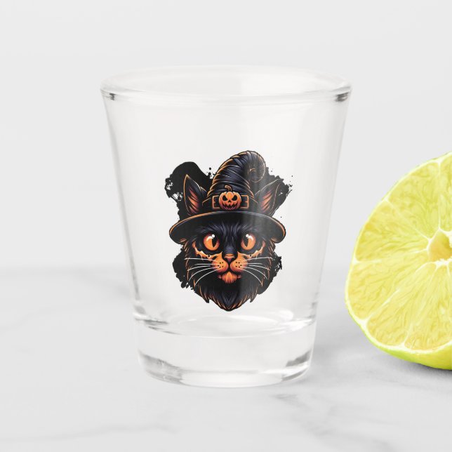 Spooky Witch Hat Kitty Shot Glass (Front)