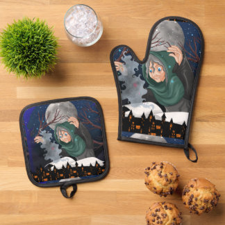 Spooky Witch & Haunted House Halloween🌙 Oven Mitt & Pot Holder Set