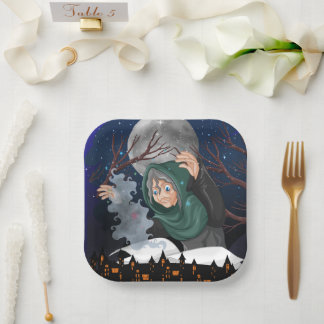 Spooky Witch & Haunted House Halloween🌙 Paper Plate