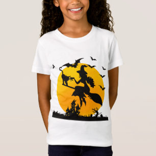 Spooky Witch on a broom with cat Halloween fun T-Shirt