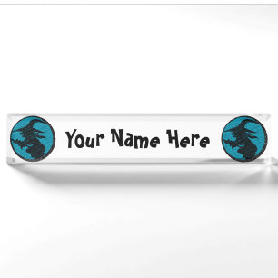 Spooky Witch on Blue Design Nameplate