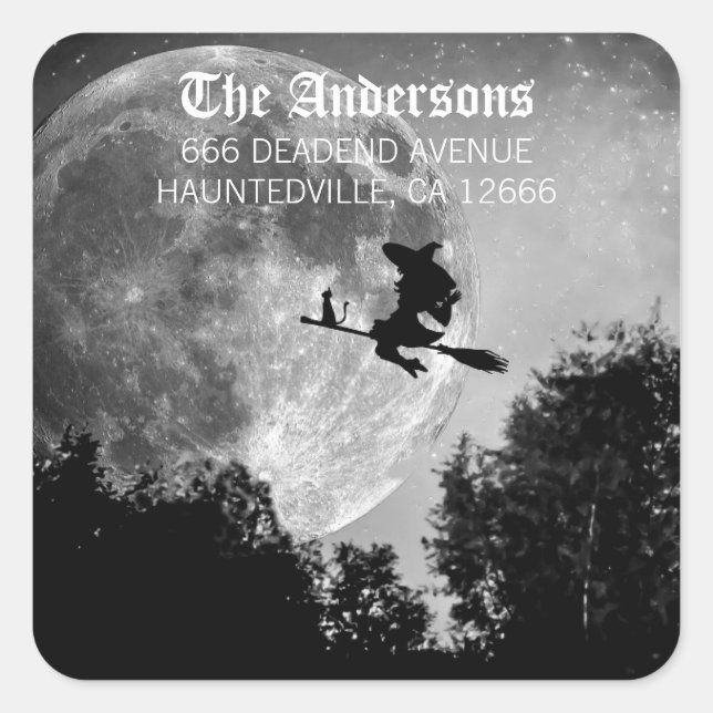 Spooky Witch on Broom Full Moon Halloween Party Square Sticker (Front)