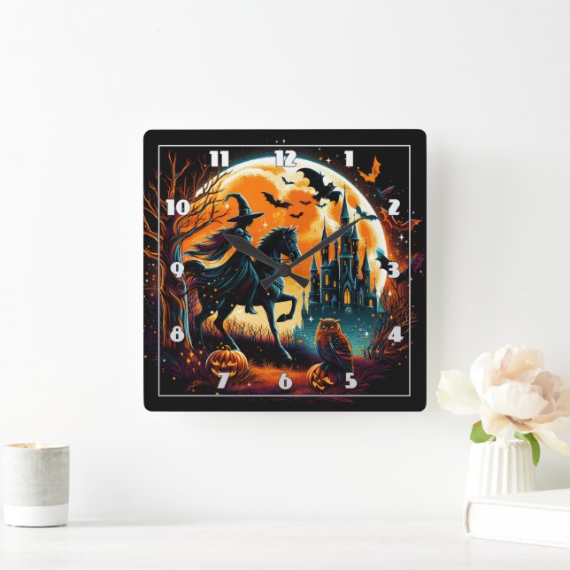 Spooky witch riding a horse under a full moon square wall clock (Home)