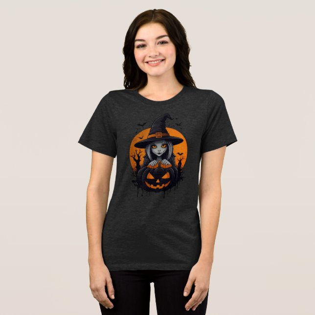 Spooky Witch with Jack-o’-Lantern Art Tri-Blend Shirt (Front Full)