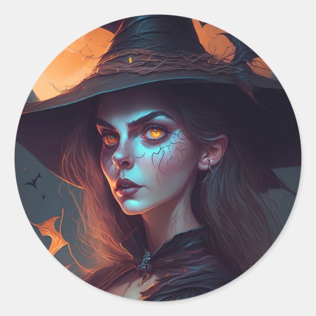 Spooky Witch with Moon Background Halloween Classic Round Sticker (Front)