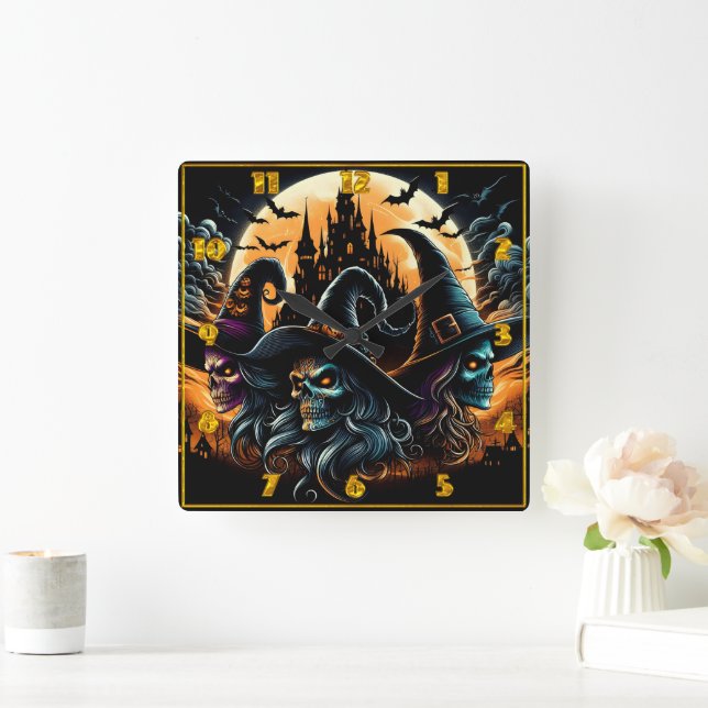 Spooky witches gather under a full moon backdrop square wall clock (Home)