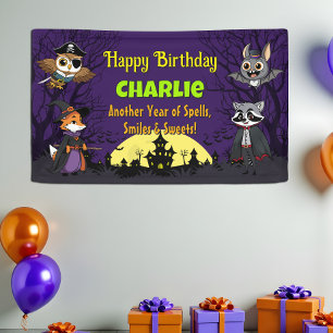 Spooky Woodland Animals in Costume Happy Birthday Banner