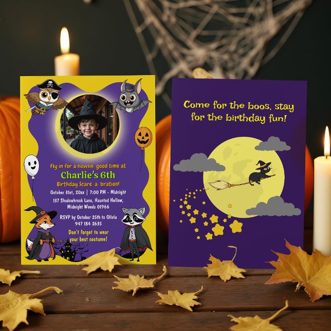 Spooky Woodland Animals in Costume Photo Birthday Invitation (Creator Uploaded)