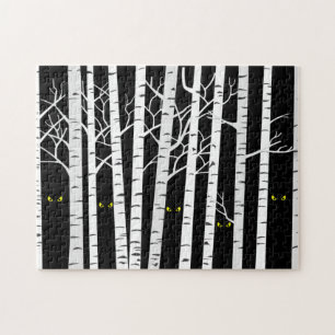 Spooky Yellow Halloween Eyes in Birch Forest Jigsaw Puzzle