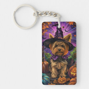 Spooky Yorkipoo Dog Halloween Witch And Pumpkin Key Ring