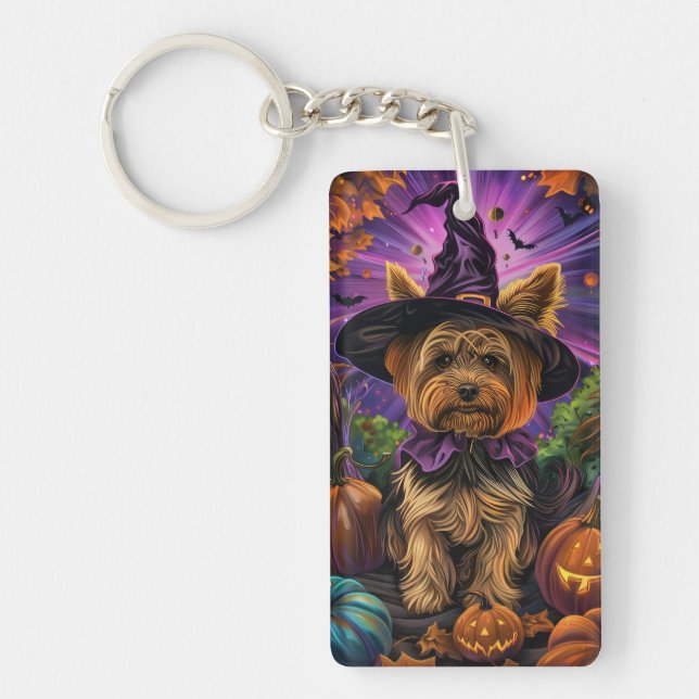 Spooky Yorkipoo Dog Halloween Witch And Pumpkin Key Ring (Front)