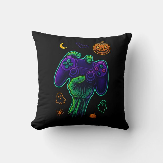 Spooky Zombie Gamer Halloween Throw Pillow (Front)