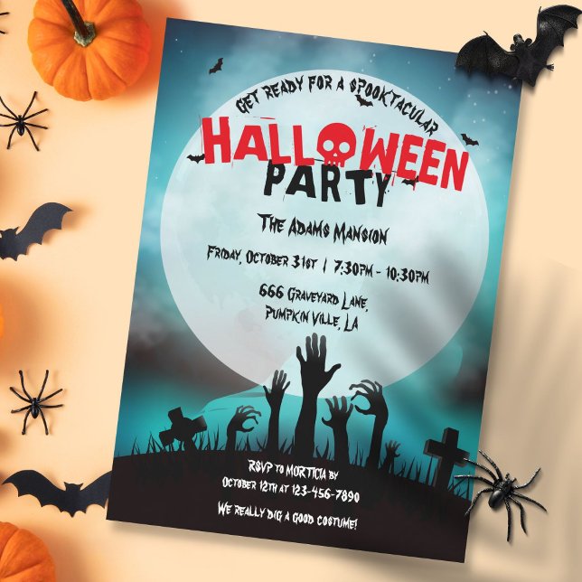 Spooky Zombie Graveyard Halloween Party Invitation (Spooky Zombie Graveyard Halloween Party Invitation)