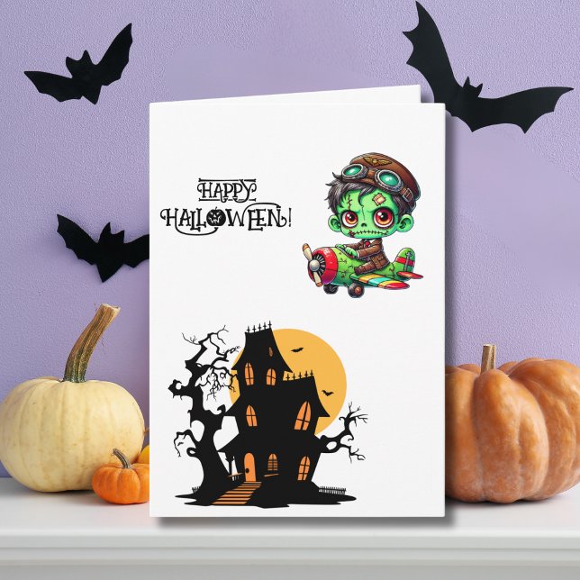 Spooky Zombie Pilot Aeroplane & Haunted House Phot Card (Creator Uploaded)