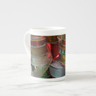 Spools of Christmas Ribbon Holiday Red and Gold Bone China Mug
