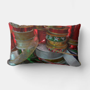 Spools of Christmas Ribbon Holiday Red and Gold Lumbar Cushion